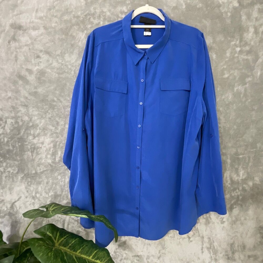 Lane Bryant Blouse Top Size 22/24 Career Office Blue Button Up Roll Tab Sleeve